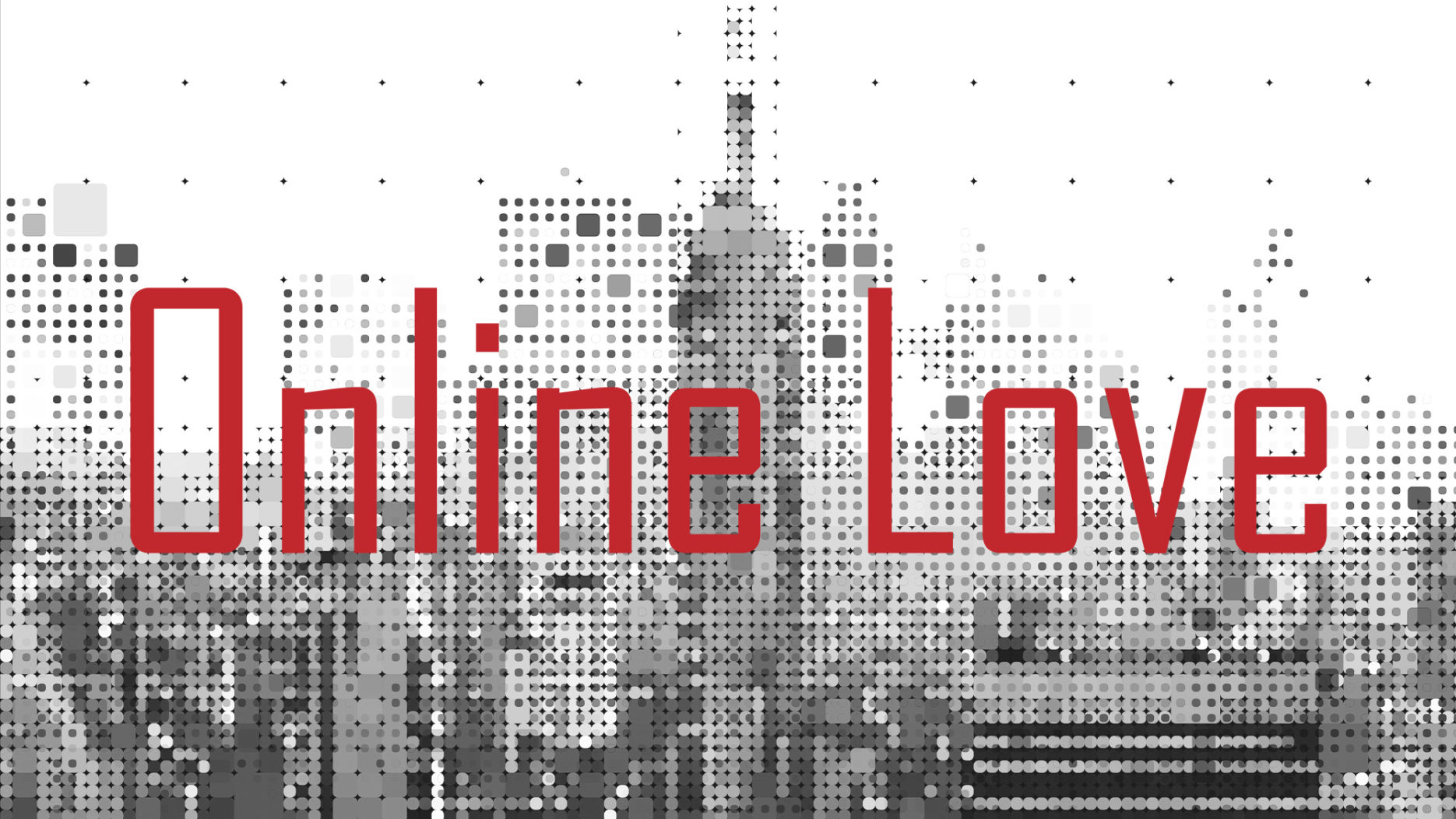 Logo des Online Love Musicals vor einer verpixelten Skyline